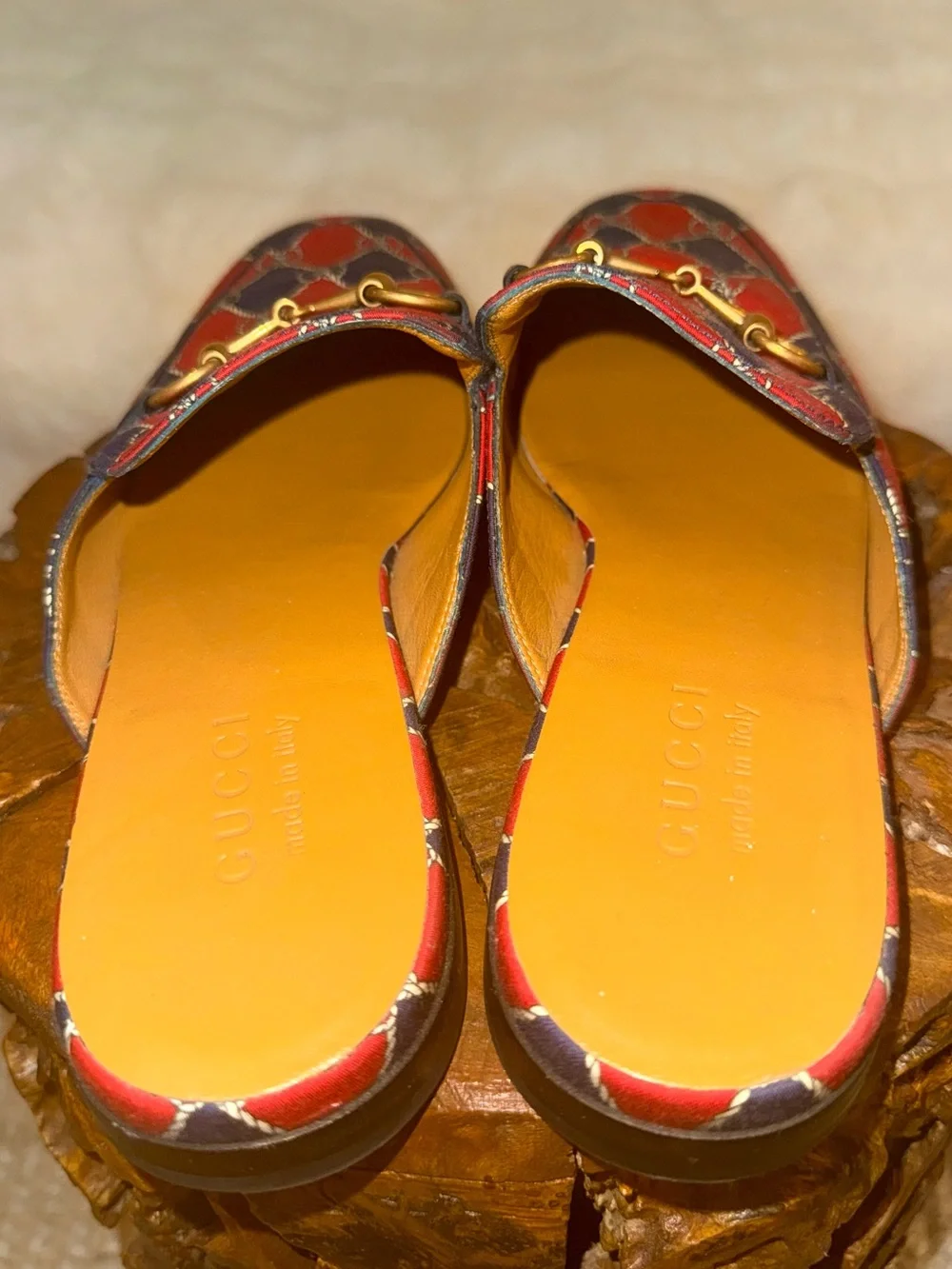 Gucci Princetown Horsebit Print Satin Mules Red Navy
